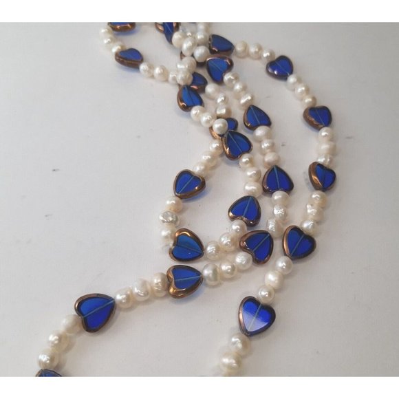 Freshwater Pearl And Blue Glass Heart Necklace 33 Inches - Picture 4 of 6